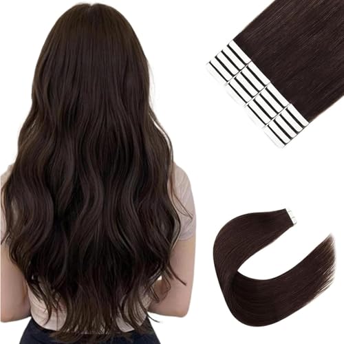 Image of Sixstarhair Dark Brown Remy Tape In Hair Extensions Premium 100 Human Hair With Invisible Tape Attached Semi Permanent Hair Extensions 50g [Color 2 Dark Brown 20inch]