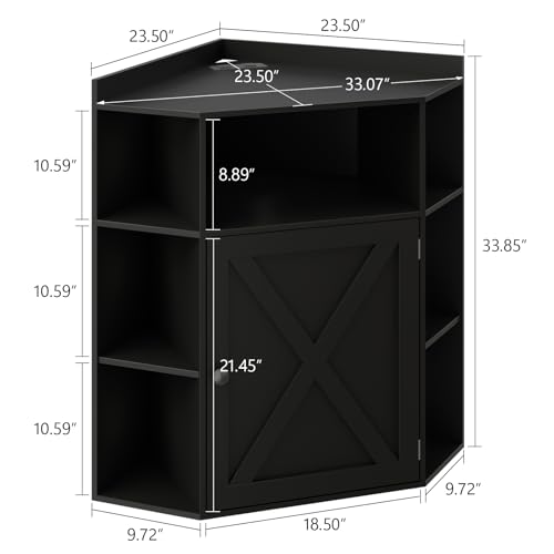 Image of Halitaa Corner Storage Cabinet, Farmhouse Corner Bookshelf with Storage 6-Cubby Wooden Cabinet with USB Ports and Outlets Industrial Organizer for Small Space, Study, Playroom, Living Room, Black