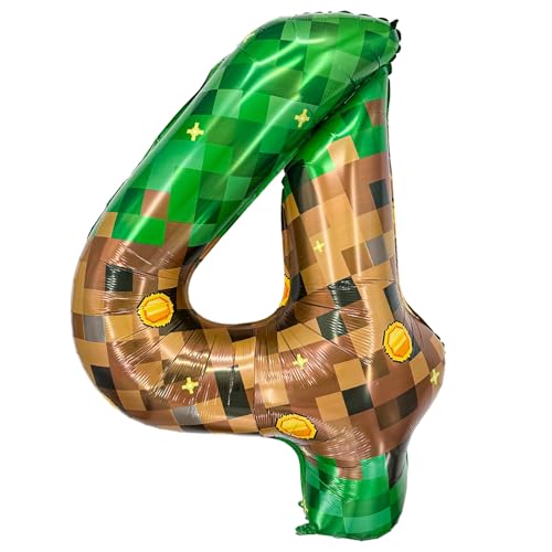 Zailo 40-inch giant brown and green aluminum foil balloon pixel miner gold coin theme 0-9 numbers optional thickened birthday party decoration supplies anniversary decoration balloon (Number 4)