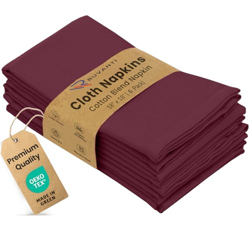 Image of Ruvanti Cloth Napkins Set of 6, Cotton Enrich 18 inchx18 inch - Burgundy | Washable, Soft, Durable & Absorbent Everyday Napkins. For Home, hotel, Wedding Napkins, Thanksgiving, Christmas Dinner Napkin