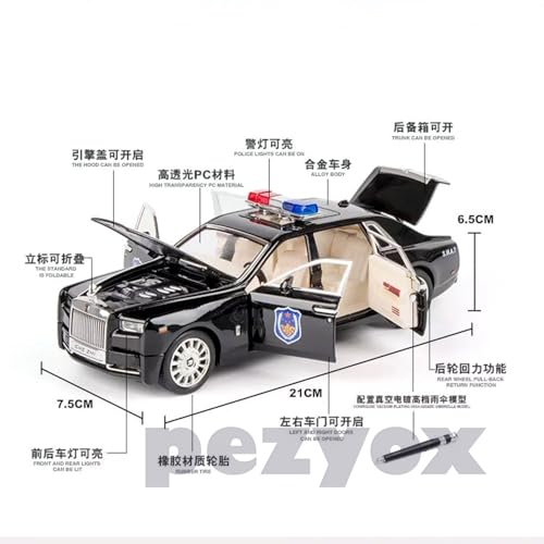 Image of 1 /24 Scale Wheels Diecast Rolls Royce Phantom Police Metal Model Pull Back Alloy Toys with Light and Sound Collection (Black)