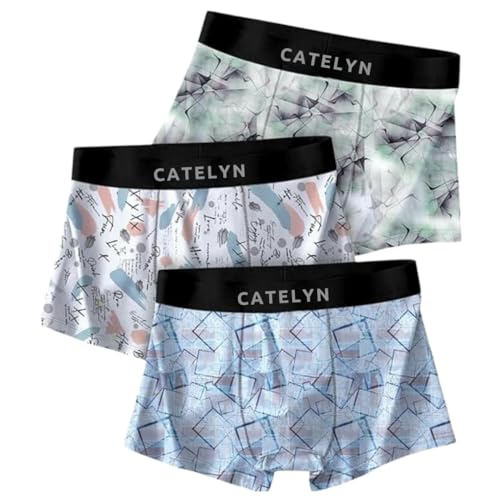 Image of CATELYN Printed Men's Extra Thin Elastic Ice Silk Underwear - Long, Comfortable, Breathable Boxer Brief Trunks, Smooth Fabric (Pack of 3)