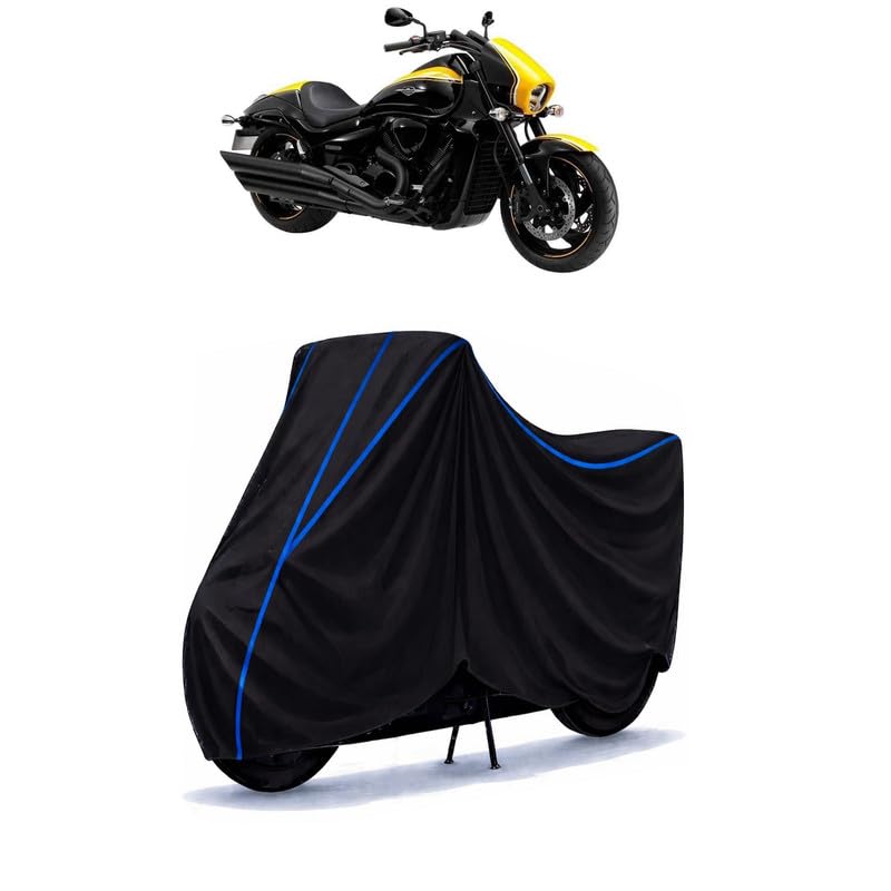 Image of Suzuki Intruder 150 Fi Bike Cover Water Resistant Universal Motorcycle Rain | Heavy Duty UV Protection, Dust, Scratch Indoor Outdoor All Weather with Black Blue Piping Elastic