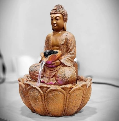 Image of UAG EXPORTS Lotus Buddha LED Tabletop Water Fountain | Premium Fiber & Marble Dust Indoor Waterfall with High-Power Motor | Elegant Decor Showpiece for Home, Office & Meditation Space Color-Copper