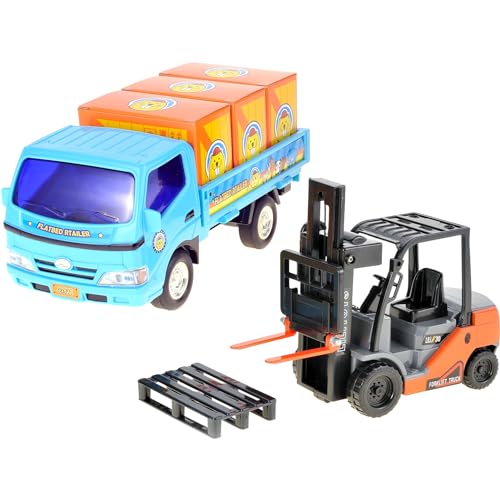 PoweTRC Juego de juguete de construcción de carretilla elevadora y camión accionado por fricción para niños