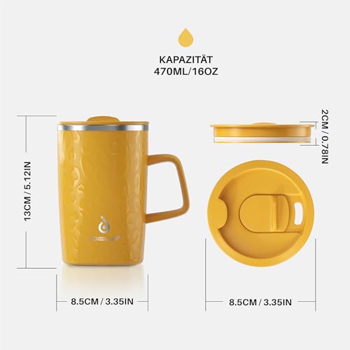 Ideus® Kaffeebecher 470 ml (16 oz), doppelwandige vakuumisolierte Kaffee- und Teetasse aus Edelstahl mit rutschfestem Griff und… – Ansicht 6