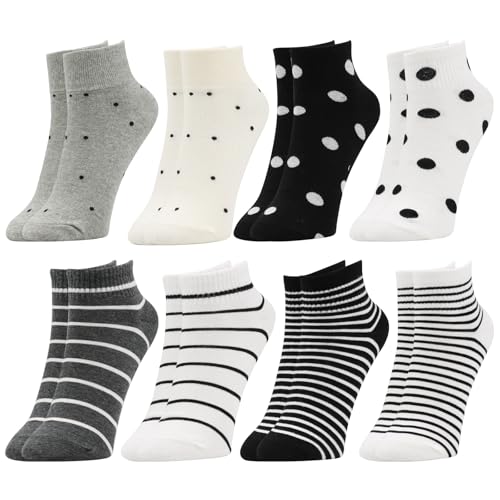 VEGCOO 8 Paires Chaussettes Femme, Socquette Femme 35-40 en Coton à Rayures à Pois pour l'usage Quotidien