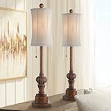 Bertie Traditional Style Tall Buffet Table Lamps Set of 2 Warm Brown Wood Tone Fabric Drum Shade Decor for Living Room Bedroom House Bedside Nightstand Home Office Family - Regency Hill