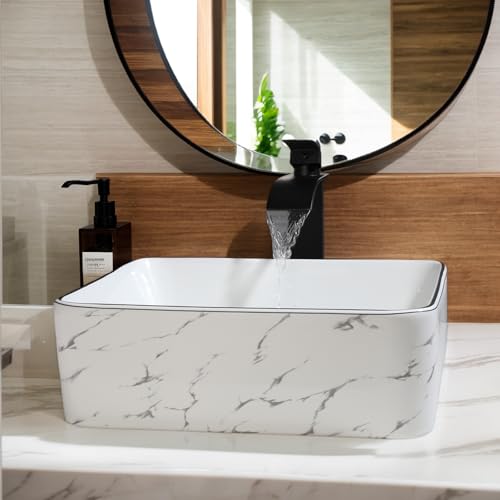 Kukworye 16 inch White Marble Ceramic Vessel Sink for Bathroom