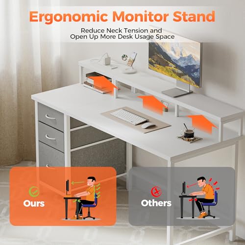 Image of Mericonia 63 inch Computer Desk with Drawers, Reversible Gaming Desk, White