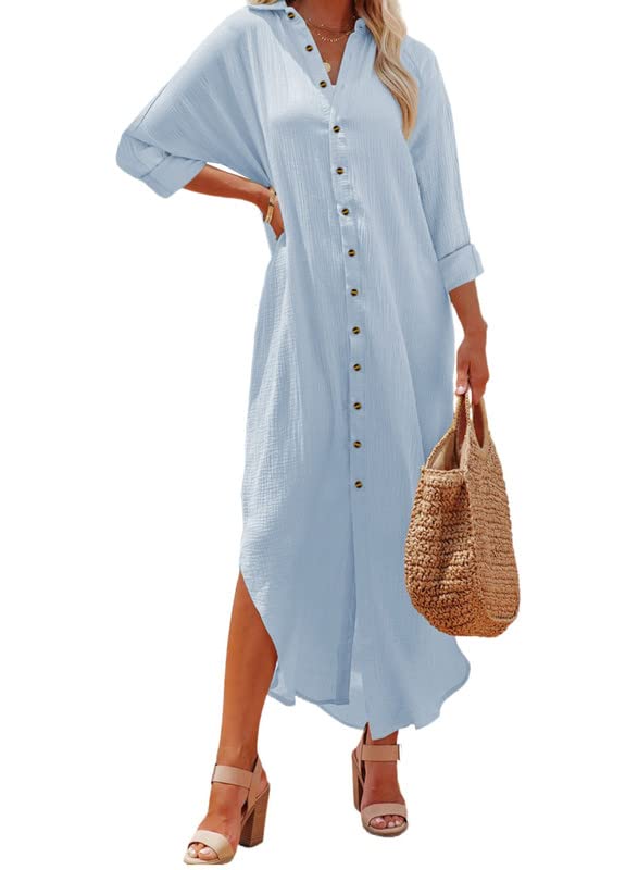 DokotooWomen Elegant Casual Summer Spring Button Down Front Long Sleeve Maxi Dress Long Cardigan Cover Ups Shirt Dresses