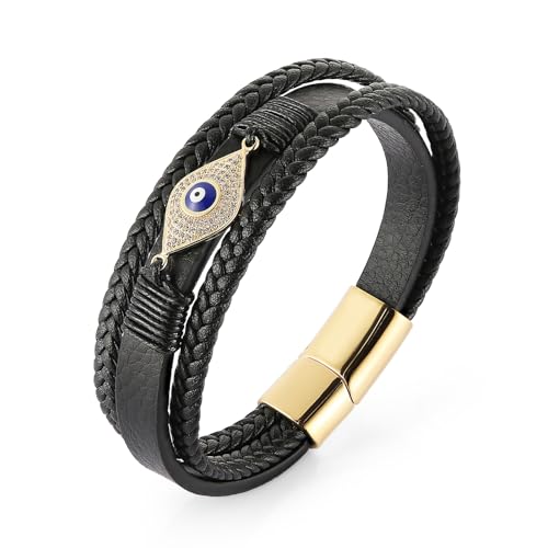 HZMAN 8.5Inch The Evil Eye Bracelet with Rhinestones Embedded In Genuine Leather for Men Black Leather Bracelet