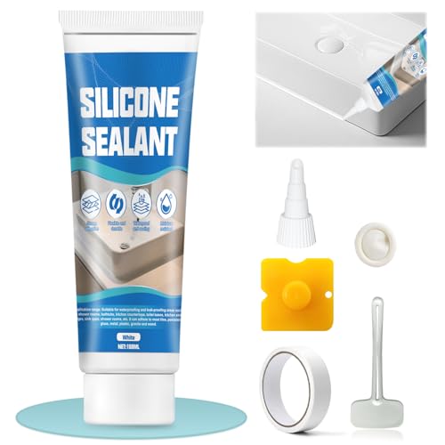 ALLONY Joint Silicone Blanc Salle de Bain, Silicone Blanc, Lavabo Salle de Bain, Bonne ÉtanchéIté, Forte adhérence, Convient pour Bains, Cuisines, Douche, Comptoirs, Fenêtre, Joint Cuisine, 150ML