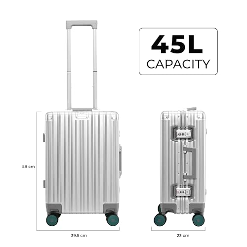 Image of EUME 100% Aluminium Cabin Trolley Bag Small for Travelling 50cm | Durable High-End 8 Silentrun 360 Degree Spinner Wheels | Premium Trolley Bag Small for Travel (Silver with Green Wheels)