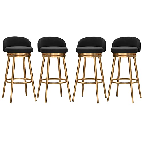 Juego de 4 taburetes de bar giratorios con respaldo, tapicería de terciopelo, patas de metal dorado, rotación de 360° para encimera de cocina