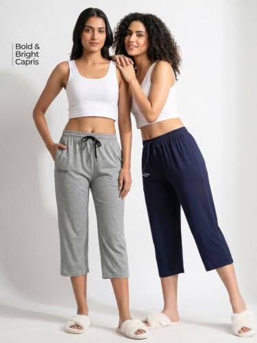 Image of Fflirtygo Women's Cotton Plain Calf Length Capri | Nightwear Short Pyjama | 3 /4th Solid Pyjama Pant | Regular Fit Casual & Lounge Wear Capri Combo (Pack of 2)
