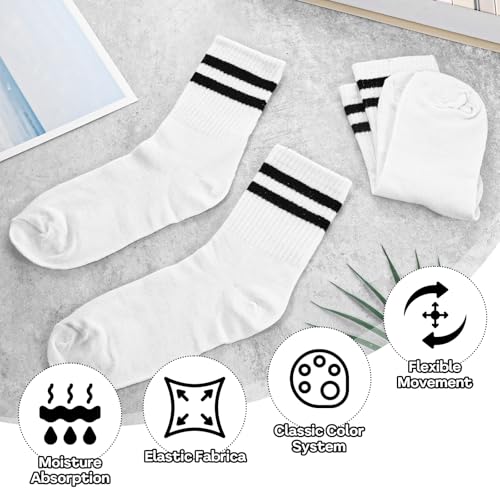 3 Pairs Striped Trim Casual Crew Socks, White Casual Athletic Socks Vintage Retro Gym Running Socks for Women Men2