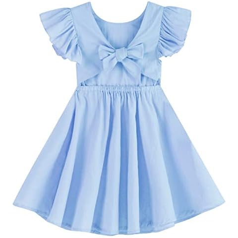 GSVIBK Toddler Girl Cotton Dress Flutter Sleeve Baby Backless Dress Kids Bowknot Ruffle Dresses 380 Blue 120 Cover