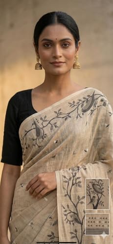 Image of Lilan Cotton Saree with White Daisy Floral Prints Tassel Pallu Lightweight Summer Saree