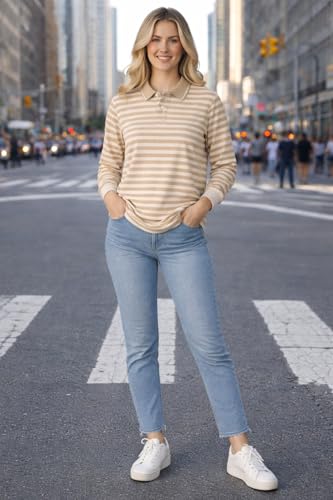Image of Mack Jonney Women's Striped Polo T-Shirt | Full Sleeves | Collared Casual Cotton Tee | Regular Fit Top-M7372