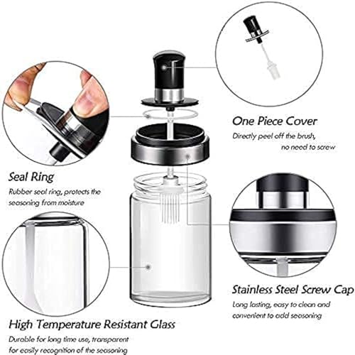 Image of LISHER Borosilicate Glass Spice Jars and Brush Jar with Spoon Setand Olive Oil Bottle with Brush Combo for Kitchen & Restaurants Airtight Cap (Brush+Spoon, Pack of 2, 250ML), Transparent