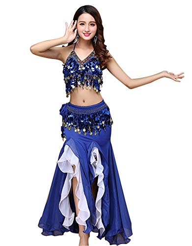 ORIDOOR Women's Belly Dance Dress Belly Crop Top Bra Top and Belt Chiffon Dancing Split Skirt Costume 3-Piece Outfit, Royal Blue, One Size