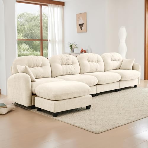 Image of KEIKI 140 inch L-Shaped Oversized Chenille Modular Sectional Sofa with 1 Ottoman, High-Density Foam Cushions, Tufted Pleated Cushion Backrest, Modern 4-Seater Couch with 2 Pillow, for Living Room, Beige