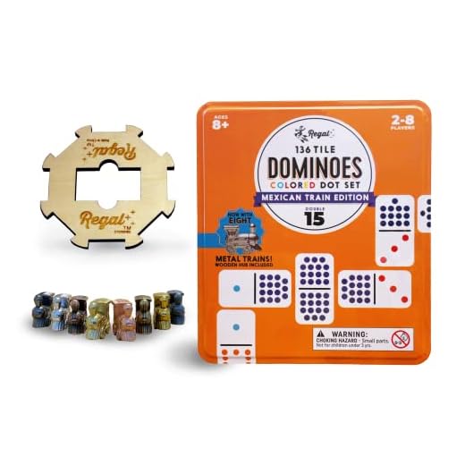 Regal Games Double 15 Colored Dot Dominoes Mexican Train Game Set with Wooden Hub, 136 Domino Tiles, 8 Metal Trains, and Collectors Tin