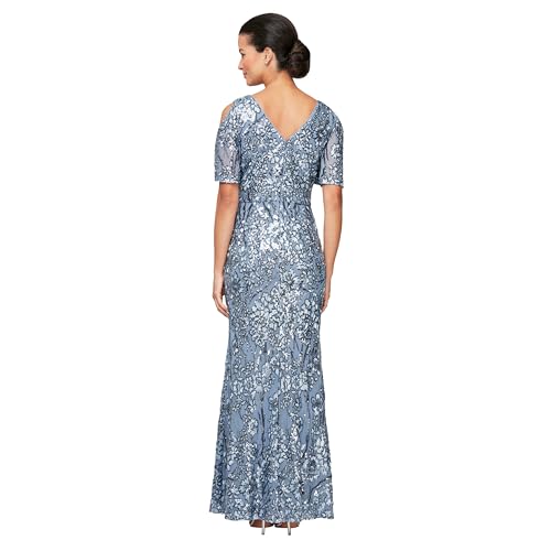 Image of Alex Evenings Women's Long Mother of The Bride Sequin Dress with Cold Shoulder Flutter Sleeves (Petite and Regular Sizes)