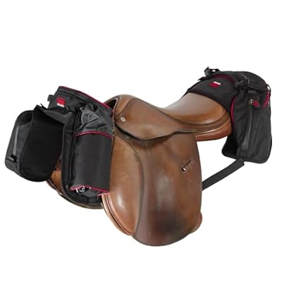 TrailMax EnglishEndurance Horse Saddle Bag Bundle; Set of English Saddle Pommel Bags and Cantle Bag, Combination Trail Riding Saddle Bags for EnglishEndurance Saddles; Red Piping