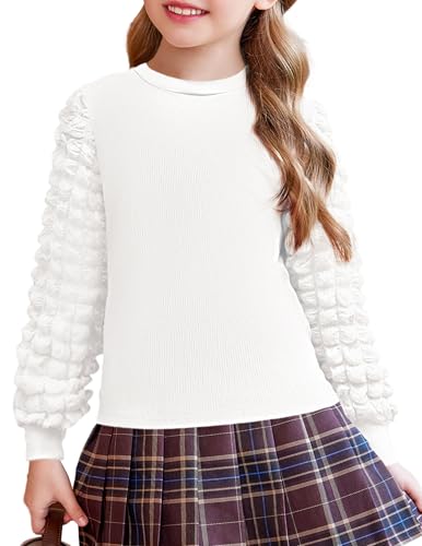 Image of Arshiner Girls Puff Long Sleeve Shirts Ribbed Knit Cute Casual Crewneck Tops Blouse Tee