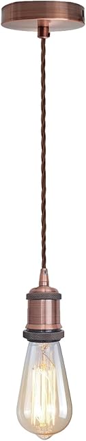LEDSone Copper Vintage Metal Ceiling Pendant Light Fitting, Brown Twisted Braided Flex 1m Cable, E27 Lamp Holder Suspended Pendant Light Fitting Kit for Indoor Lightings (Copper)