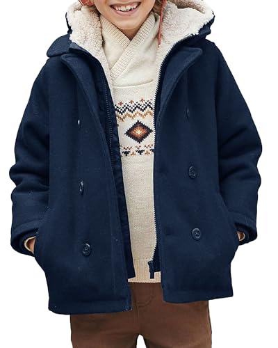 Haloumoning Boys Wool Blend Winter Coat Notched Collar Double Breasted Hooded Pea Coat Warm Outwear2