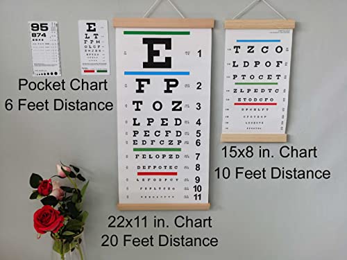 Image of DMCBY Snellen Eye Chart, 8x15 Inches, Eye Exams at 10 Feet Test Distance | Low Vision Eye Test Wall Chart, Snelling Eye Chart, Wood Frame, Canvas, Color Bars for Color Vision Test
