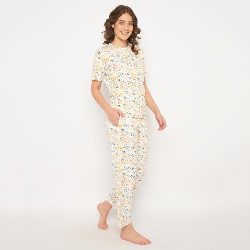 Image of CAMEY Women's Printed Pyjama Set, Short Sleeve T-Shirt and Trousers, Women Nightsuit, Loungewear Sets
