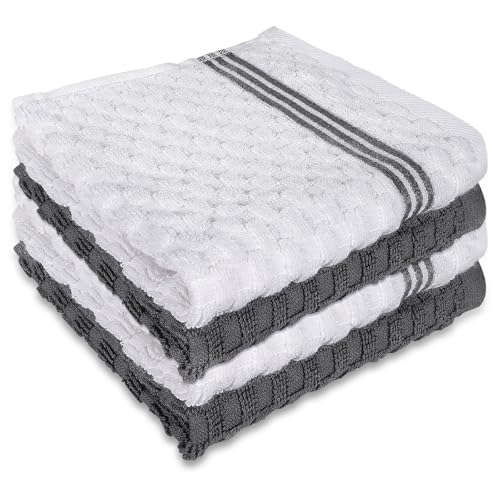 Image of 4 Pack 100% Cotton Wash Cloth, 12x12 Inch Highly Absorbent and Soft Feel Fingertip Towels, Machine Washable Washcloths for Bathroom, Gym, Hotel, Spa and Kitchen, White /Grey