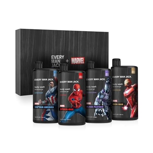 Every Man Jack Marvel Collectors Box Body Wash Gift Set - Perfect for Every Guy & Marvel-Lover - Includes Four Full-Sized Body Washes with Clean Ingredients & Incredible Scents - Marvel-Inspired Fresh Air, Winter Mint, Crimson Oak, and Wakanda Herbs Fragrances