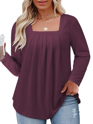 Womens-Plus-Size-Tops Dressy Pleated Square Neck Shirts Trendy Cute Long Sleeve Blouses Casual Loose Fit Tunics XL-5XL