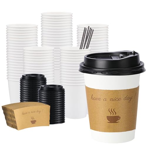 BYSNOW 100 pack 12 oz Disposable Thickened Coffee Cups with Lids, Scald Resistant Hot Cup with Sleeve and Straw, To Go Coffee Cups for Home, Office, Cafes and Party (White 12oz)