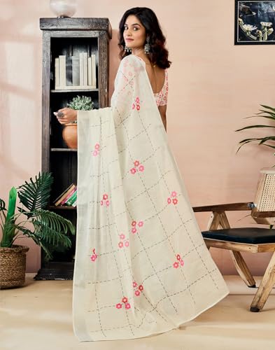 Image of SIRIL Women's Printed Cotton Linen One Minute Ready to Wear Saree With Unstitched Blouse Piece