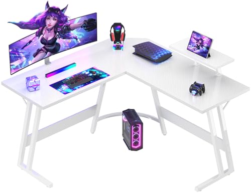 Devoko Escritorio Gaming en L con Soporte para Monitor, 120x120cm Mesa Gaming Esquina para Estudio,Oficina,Gaming,Dormitorio, Carbono Blanco