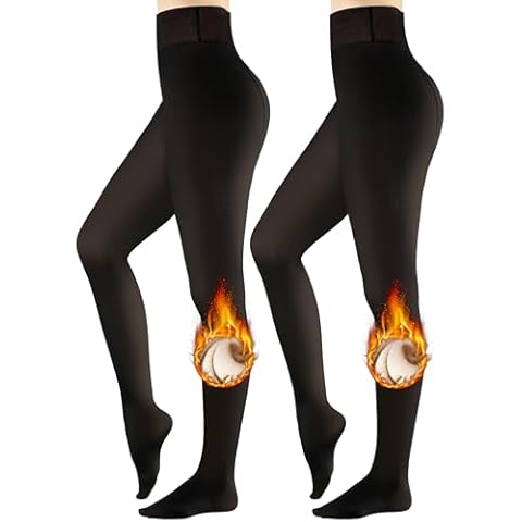 Clothirily Fleece Lined Tights Women - Womens Fake Translucent Pantyhose Leggings Fleece Tights, High Waist Opaque Black Thermal Tights, Warm Winter Tights for Women, 2 Pairs Cover