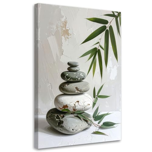 Feeby - Impression sur Toile - Deco Tableau Murale Intissé - Pierres zen spa feuilles de bambou beiges - 20x30 1partie - Photo Peinture - Pour Chaque Pièce...