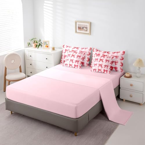 Image of Red Bow Tie Queen Comforter Set with Sheets | Princess Bow 7-Piece Bedding Set Cute Ribbon Bowknot Bed in a Bag, Dreamy Geometric Bowknot Bed Sets,Kawaii Room Decor Aesthetic