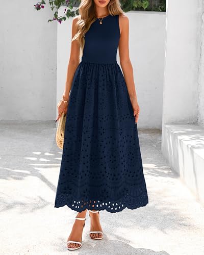 Image of dowerme Women Summer Dresses 2026 Casual Sleeveless Crewneck A-Line Boho Lace Eyelet Cotton Tank Maxi Dress with Pockets