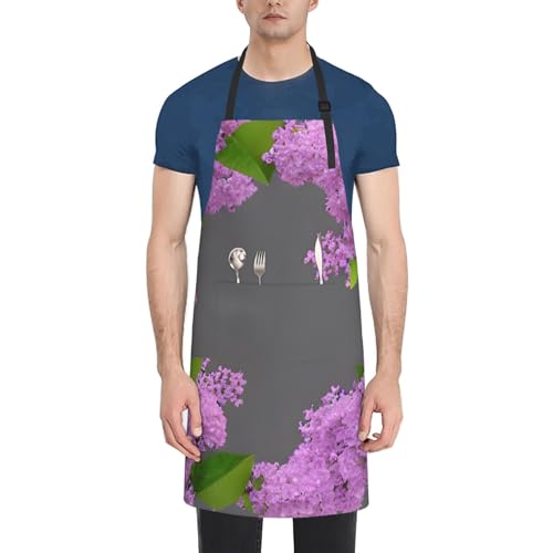 Unkhtt Tablier de cuisine imperméable avec poches pour adulte Motif fleurs lilas