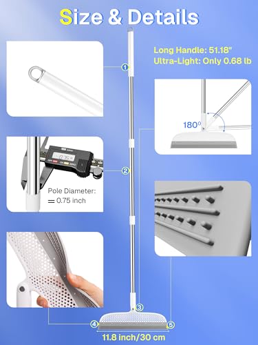 Image of Silicone Floor Squeegee, 180 Rotating Air Broom, Squeegee for Floor with a Long Handle, Magic Broom for Water and Pet Hair Removal on Bathroom Floors, Tile, Deck and Glass, Indoor Cleaning Tool