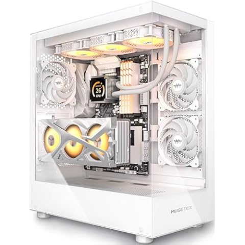 MUSETEX PC CASE ATX 3 Non-LED Fans Pre-Installed, Type-C Mid Tower Computer Case with Full View Dual Tempered Glass, Gaming PC Case,White(K2) Cover
