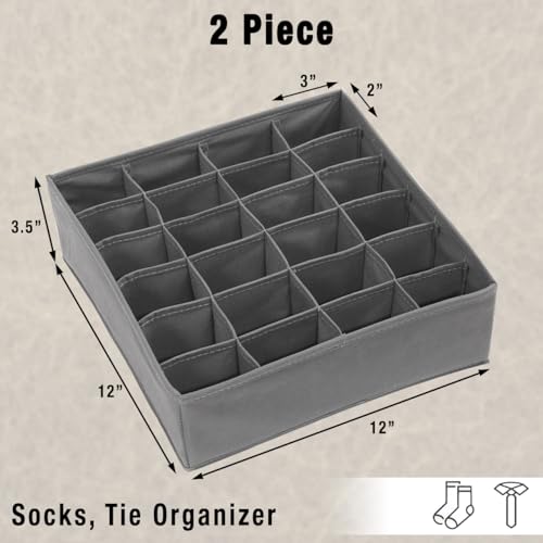 2 Pack - Simple Houseware Closet Socks Organizer, 24 Cell Drawer Divider, Dark Grey