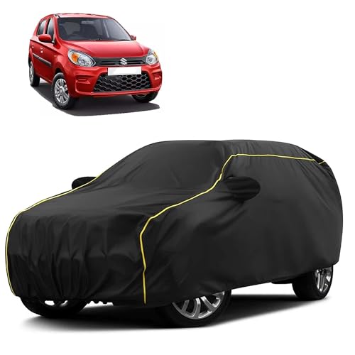 Image of Sulfar 100% Water Resistant Car Body Cover Compatible with Mirror for Maruti Suzuki Alto (Triple Stitched, Full Bottom Elastic, Black Taffeta with Yellow Piping)